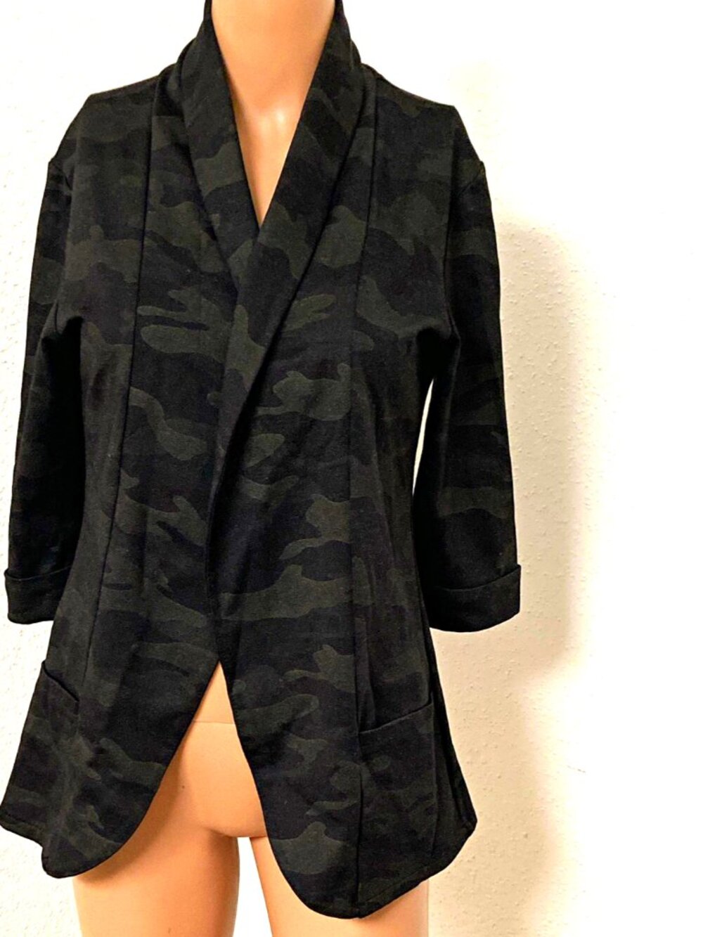 Impressions Women's L Black Camo Jacket Open Front 3/4 Sleeve Pockets